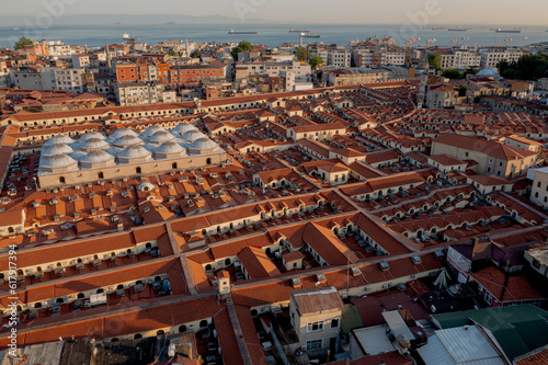 The famous Grand Bazaar in Istanbul, Turkey. Aerial view of the roof of the Grand Bazaar in sunny weather. Shopping In Istanbul. Indoor market. Drone view of the roof of the Grand Bazaar in Istanbul