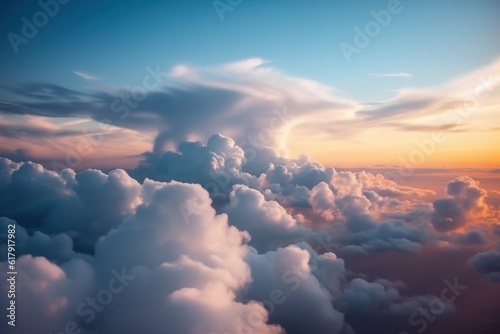the clouds appear above a plane at sunset. AI Generated