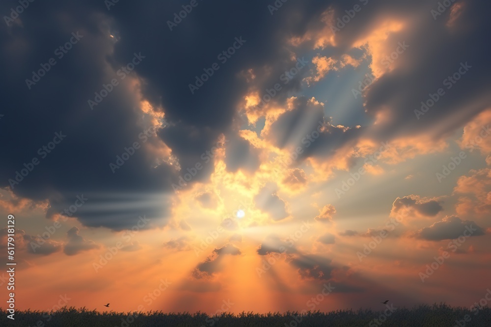 the sun rays shining against the looming clouds. AI Generated