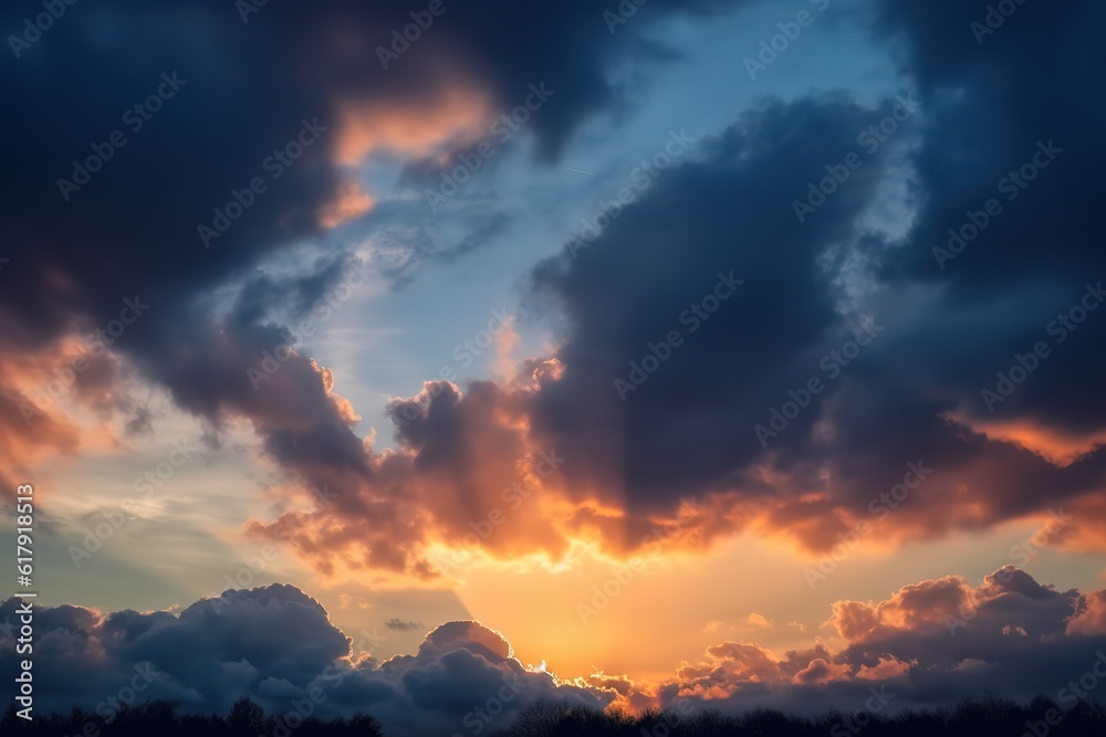 sunbeams through the clouds, the sun rays shining against the looming clouds. AI Generated