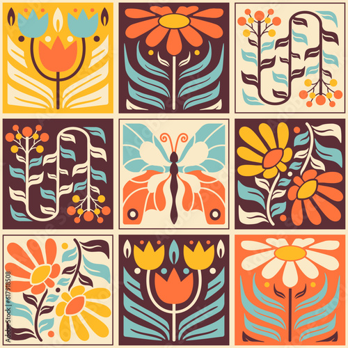 Scandinavian seamless pattern. Nordic folk floral mosaic. Abstract tile print, patchwork or fabric. Ornamental stylized graphic. Naive simple geometrical Illustration.