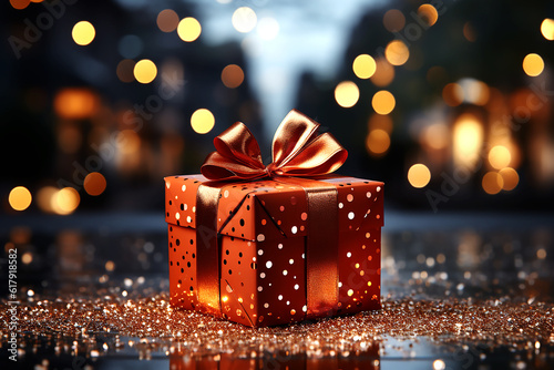 Red gift box with red bow on the background of bokeh effect. Generative AI © voisine574