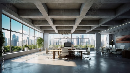 Loft style open space office in a modern urban building. Concrete floor and walls  large tables  comfortable chairs  desktop computers  plants in floor pots  floor-to-ceiling windows with city view.