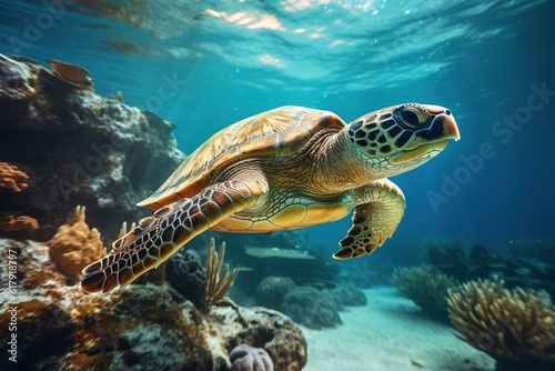 close up of a Turtle underwater. Generative AI © Simone