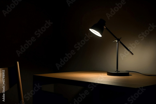Black electric desk lamp on table in dark room.