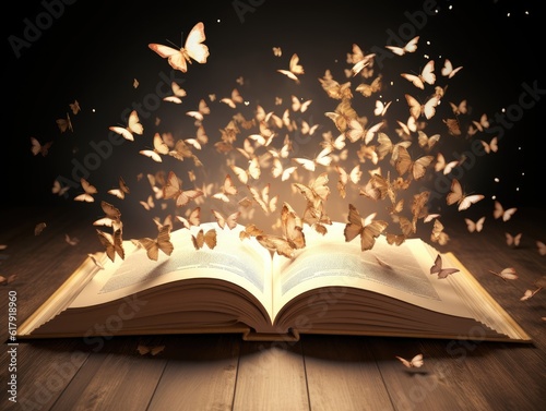 Surreal moment of freedom for butterflies coming out of an open book