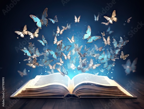 Surreal moment of freedom for butterflies coming out of an open book