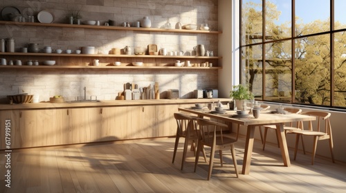 Scandinavian kitchen interior  wall mock up  3d render.  Created with generative AI.