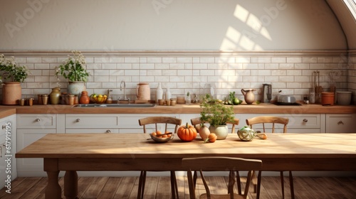 Scandinavian kitchen interior, wall mock up, 3d render. Created with generative AI.