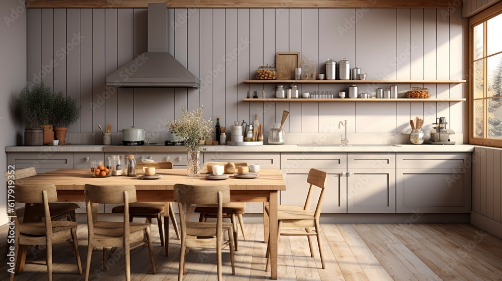 Scandinavian kitchen interior, wall mock up, 3d render.  Created with generative AI.