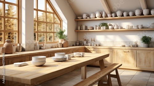 Scandinavian kitchen interior, wall mock up, 3d render. Created with generative AI.