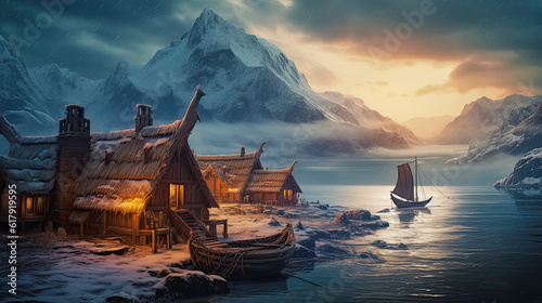 ai generative midjourney illustration of viking houses in a viking landscape by water