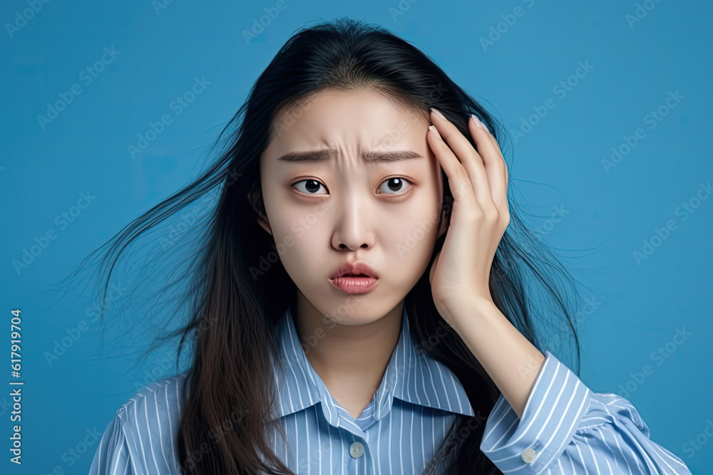 Close-up portrait of annoyed Korean girl slaps her forehead in frustration. blue background Close-up portrait of annoyed Korean girl slaps her forehead in frustration. blue background