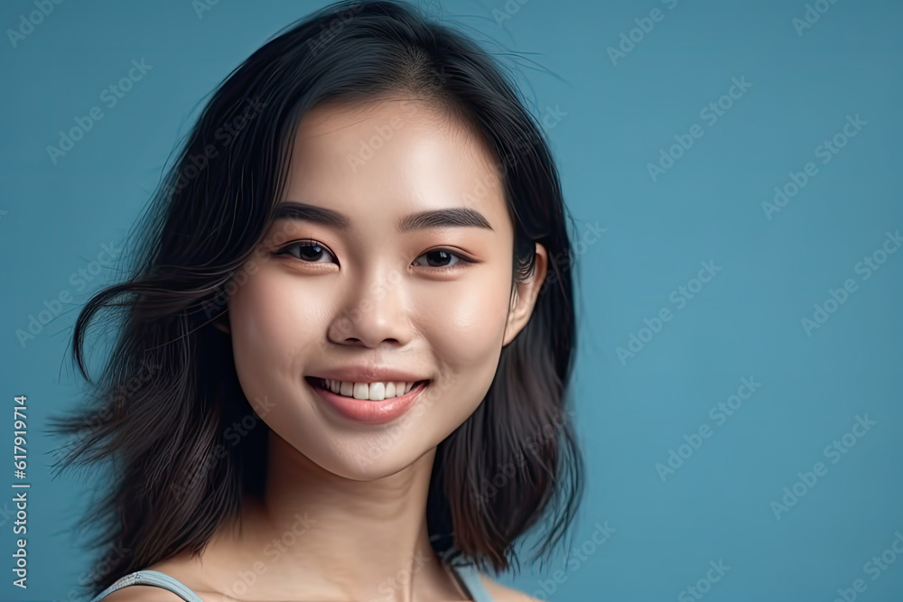 Close-up portrait of Asian girl with perfect healthy features: hair, skin, and radiant smile Close-up portrait of Asian girl with perfect healthy features: hair, skin, and radiant smile