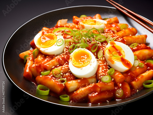 Tteokbokki (Spicy Rice Cakes), Popular korean street food spicy rice cakes tteokbokki, Tteokbokki rice cakes with boiled egg | Generative AI photo