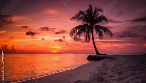 Tranquil sunset over tropical coastline, palm trees silhouette beauty in nature generated by AI