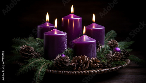 Candlelight illuminates pine cone decoration on winter table arrangement generated by AI