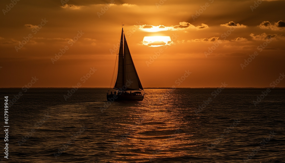 Sailing yacht glides on tranquil seascape at sunset, pure romance generated by AI