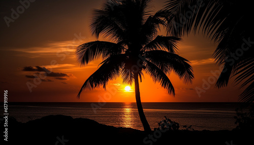 Silhouette palm tree back lit by orange sunset over tranquil water generated by AI