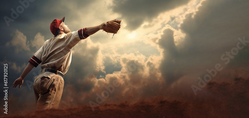 A baseball player jumps and catches a flying ball. © Kordiush