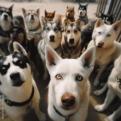 A flock of siberian huskies sit on the ground and look at the camera ai generation High quality photo
