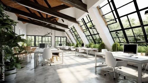 Loft style open space eco-office in a modern urban building. Ceiling with beams  large tables with chairs  desktop computers  plants in floor pots  panoramic windows with nature view. 3D rendering.