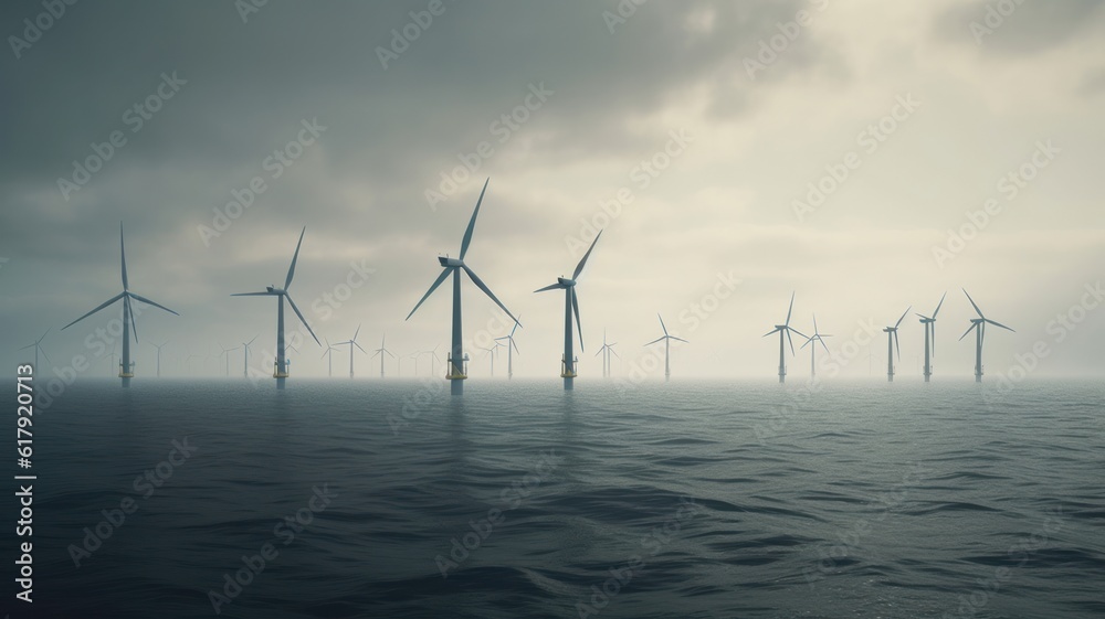 Wind turbines in a stormy northern sea against a gloomy gray sky. Sustainable energy production, clean energy. Renewable energy concept. 3D illustration.