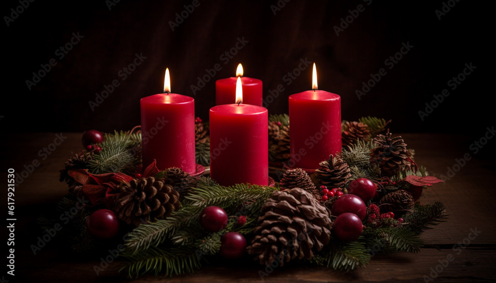 Glowing candlelight illuminates dark winter night, decorating pine tree generated by AI Glowing candlelight illuminates dark winter night, decorating pine tree generated by AI