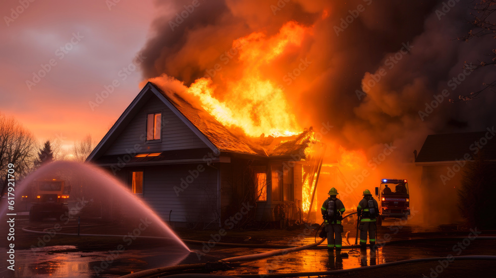 FireFighters Putting Out A House Fire. Generative AI