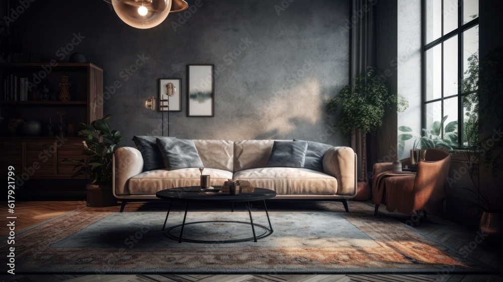 Fototapeta premium Interior of vintage cozy living room. Stylish sofa and armchair, coffee table, plants in floor pots, carpet, trendy pendant lamps, posters on the wall, modern home decor. Mockup, 3D rendering.