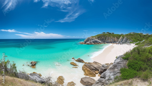 Idyllic tropical coastline, turquoise waters, and panoramic mountain landscape generated by AI © Jemastock