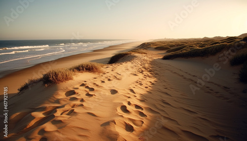 Tranquil sand dune landscape, wave pattern, horizon over water generated by AI