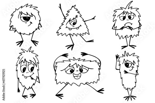 Linear sketches, doodles of shaggy funny monsters, mutants. Vector graphics.