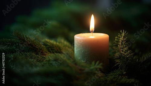 Glowing candle illuminates winter night, symbol of spirituality and celebration generated by AI