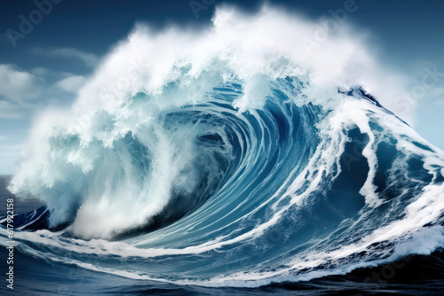 A shot of a professional surfer riding a massive wave, displaying skill and bravery in the face of the powerful ocean in © Matthias