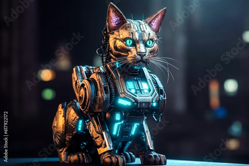 cyber cat sitting on the table ai generation High quality photo