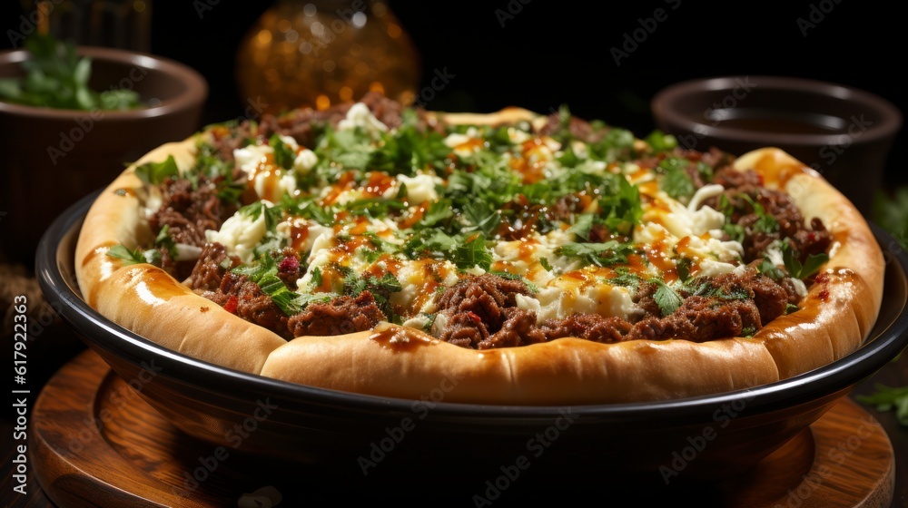 Traditional Turkish Pide in a bowl, close-up. Created with generative AI. Traditional Turkish Pide in a bowl, close-up. Created with generative AI.