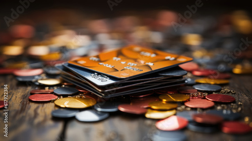 Credit cards and coins on wooden table. Generative AI.