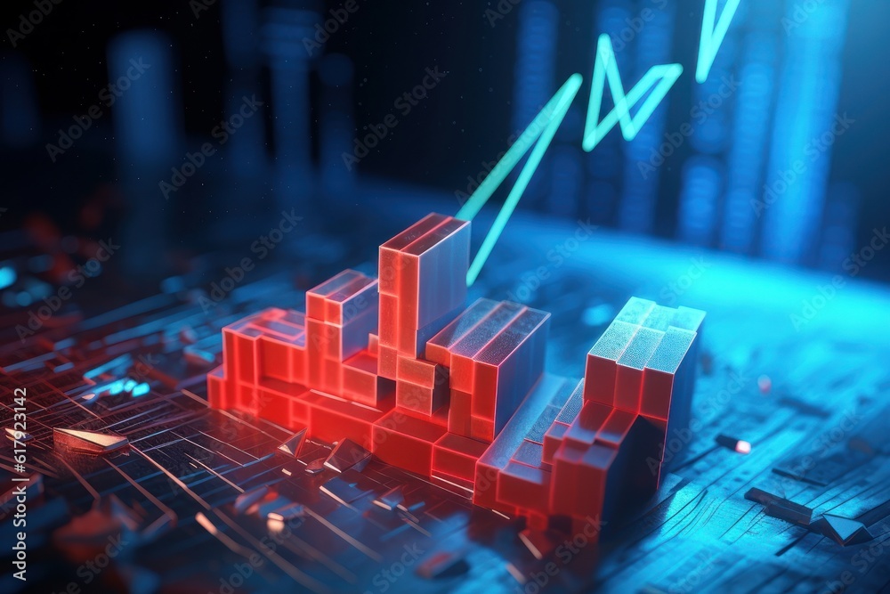 3D model of financial graph with red backlight on blue background ...