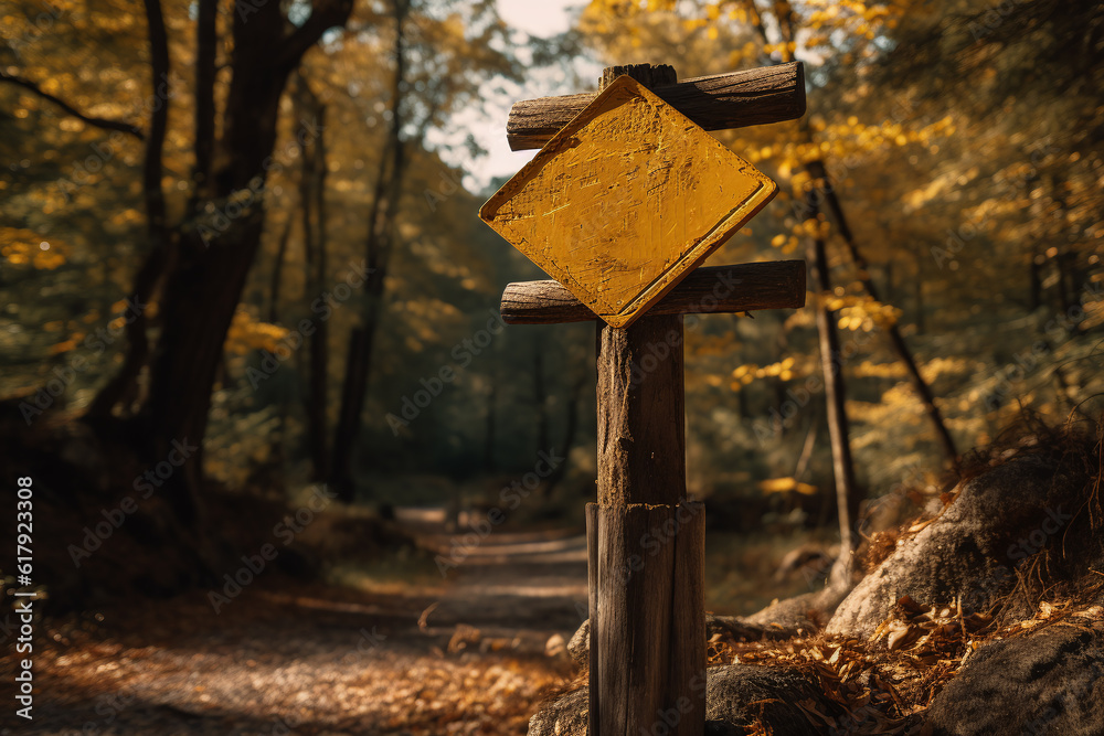 wooden arrow signs in the background of trees. Generative AI wooden arrow signs in the background of trees. Generative AI