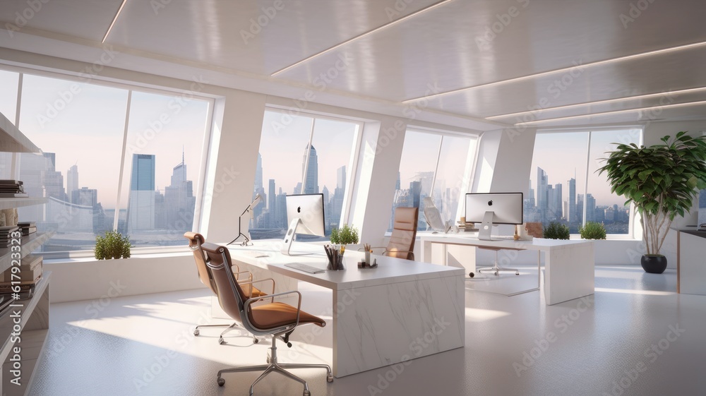 Fototapeta premium Hi-tech style open space office in a modern urban building. Large luxury tables with chairs, desktop computers, plants in pots, panoramic windows with city view. Comfortable working environment.