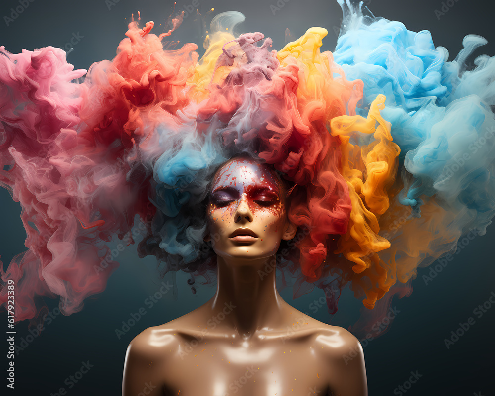 Chromatic Explosion: A Vivid Display of Dynamic Abstraction - Ideal for Modern Art Galleries and Creative Campaigns, Explosion of colors from girl head, colorful display of thoughts