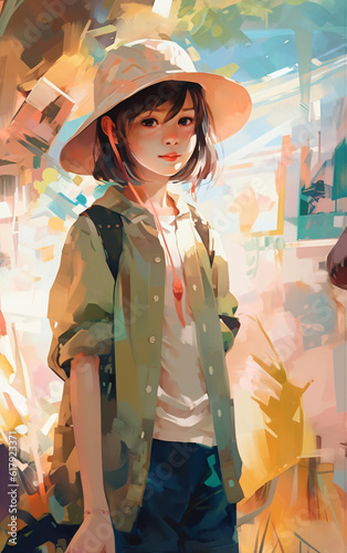 A digital painting of a little girl wearing a tourist outfit Generative Ai