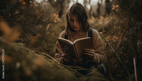 One woman sitting in nature, reading literature, enjoying solitude generated by AI