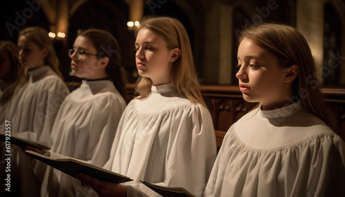 Young women studying bible indoors with priest  focusing on foreground generated by AI