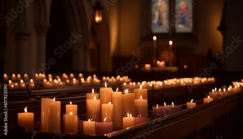 Catholic candles burning in a row, illuminating symbols of peace generated by AI photo