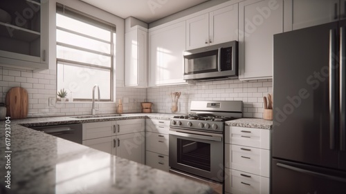 Modern white Scandi style kitchen in a city apartment or country house. White facades, brick imitation tiles wall, kitchen island, modern stainless steel kitchen appliances. Comfortable workspace.