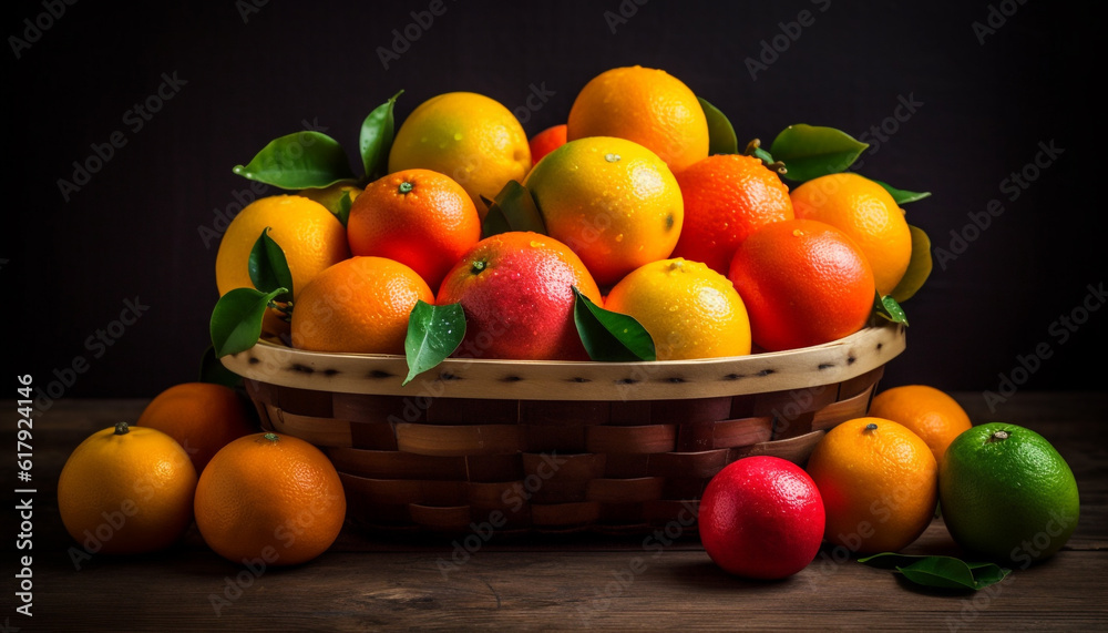Vibrant citrus fruits in a wicker basket on a wooden table generated by AI Vibrant citrus fruits in a wicker basket on a wooden table generated by AI