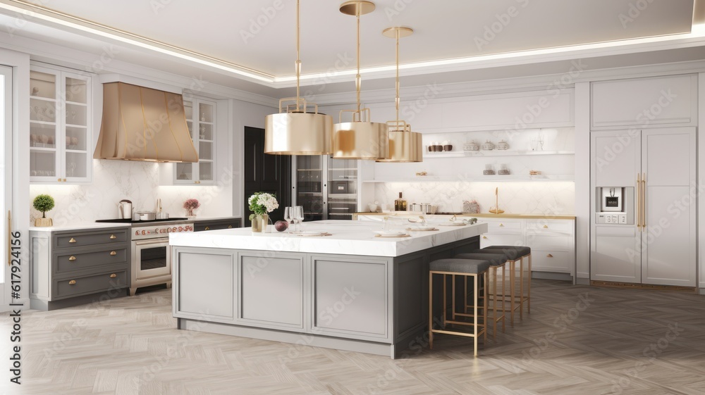 Modern classic white kitchen in a luxury apartment. Large kitchen ...