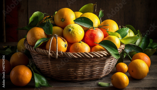 A vibrant still life of juicy citrus fruit on a rustic wicker basket generated by AI
